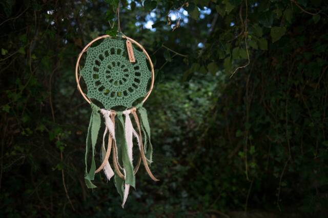Crochet Dreamcatcher in Olive Green Colour, Linen & Burlap Ribbons, Framed Dreamcatcher, Wall Decoration, Boho Decor - image 1