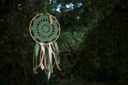 Crochet Dreamcatcher in Olive Green Colour, Linen & Burlap Ribbons, Framed Dreamcatcher, Wall Decoration, Boho Decor - thumbnail 1