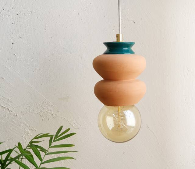 Hanging Terracotta Ceramic Lamp, Colorful Handmade Lampshade Design, Unique Light Fixture Gift - Us Shipping Includes All Taxes - image 1