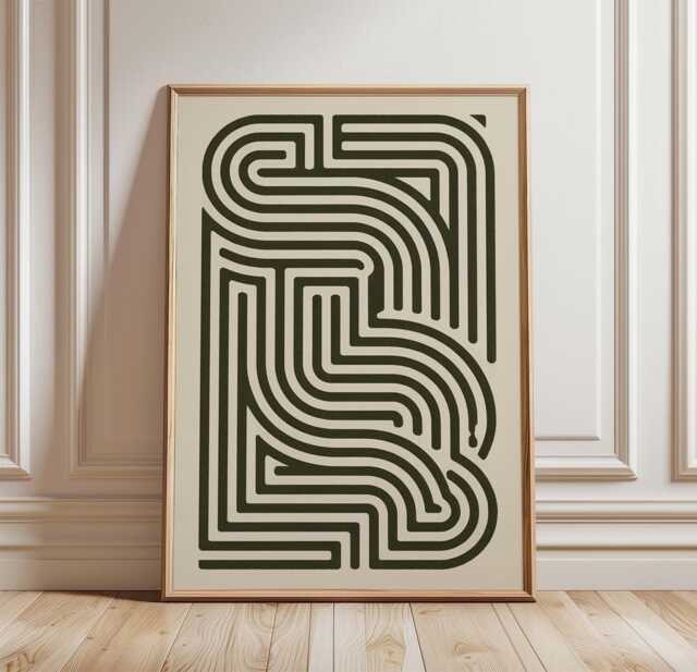 Abstract Maze Poster - Minimal Geometric Wall Art Black Cream Line Print - image 1