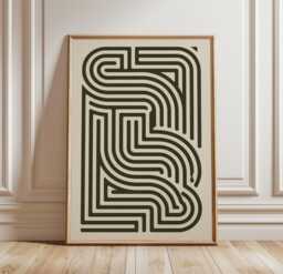 Abstract Maze Poster - Minimal Geometric Wall Art Black Cream Line Print - thumbnail 1