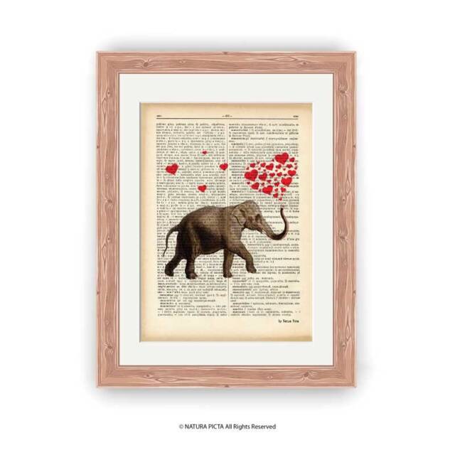 Elephant Dictionary Art Print Red Hearts Animal Poster - image 1
