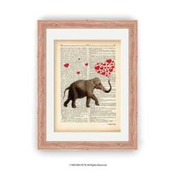 Elephant Dictionary Art Print Red Hearts Animal Poster - thumbnail 1