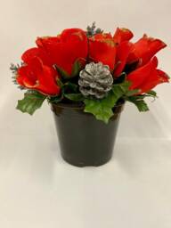 Red Roses & Silver Cones Pot Christmas Grave/Table Centerpiece