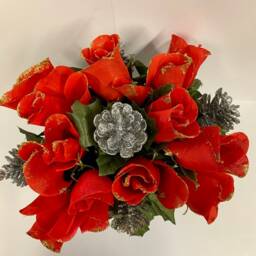 Red Roses & Silver Cones Pot Christmas Grave/Table Centerpiece - thumbnail 2
