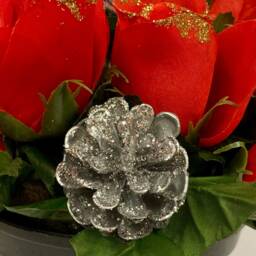 Red Roses & Silver Cones Pot Christmas Grave/Table Centerpiece - thumbnail 3