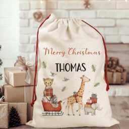Personalised Safari First Christmas Sack, Custom Large Santa Woodland Animal Holiday Linen Stocking - thumbnail 4