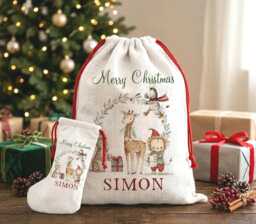 Personalised Safari First Christmas Sack, Custom Large Santa Woodland Animal Holiday Linen Stocking