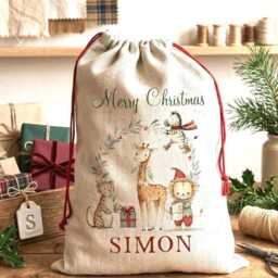 Personalised Safari First Christmas Sack, Custom Large Santa Woodland Animal Holiday Linen Stocking - thumbnail 2