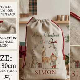 Personalised Safari First Christmas Sack, Custom Large Santa Woodland Animal Holiday Linen Stocking - thumbnail 3