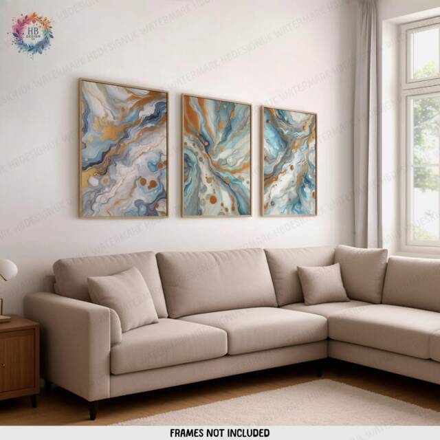 Light Blue & Gold Fluid Print Set - Living Room Wall Art - Home Decor Of 3 Prints Colourful Liquid Artwork Modern Ink Poster - image 1