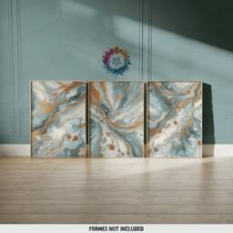 Light Blue & Gold Fluid Print Set - Living Room Wall Art - Home Decor Of 3 Prints Colourful Liquid Artwork Modern Ink Poster - thumbnail 2