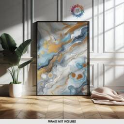 Light Blue & Gold Fluid Print Set - Living Room Wall Art - Home Decor Of 3 Prints Colourful Liquid Artwork Modern Ink Poster - thumbnail 3
