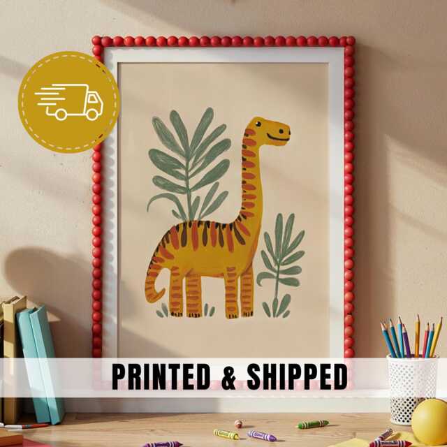 Yellow Dinosaur Nursery Art Long Neck Dino Kids Print Botanical Bedroom Decor Cute Toddler Playroom Wall Jungle Theme - 45 - image 1
