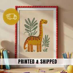 Yellow Dinosaur Nursery Art Long Neck Dino Kids Print Botanical Bedroom Decor Cute Toddler Playroom Wall Jungle Theme - 45 - thumbnail 1
