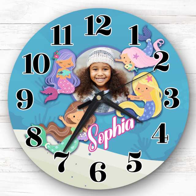 Colourful Mermaids Photo Personalised Gift For Kid's Bedroom Clock - Kids Clock, Children's , Custom Wall - image 1