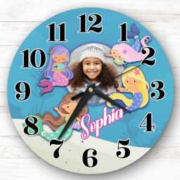 Colourful Mermaids Photo Personalised Gift For Kid's Bedroom Clock - Kids Clock, Children's , Custom Wall - thumbnail 1