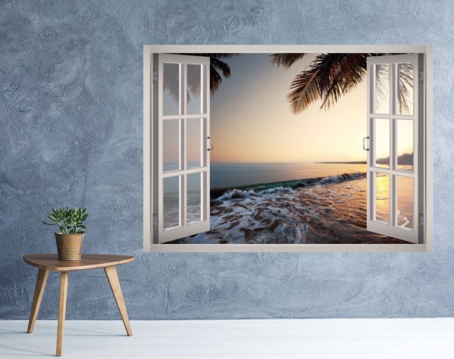 Beach Water View Window 3D Wall Decal Art Removable Wallpaper Shore Mural Sticker Vinyl Home Decor - image 1
