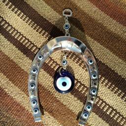 Turkish Silver Horse Shoe Evil Eye Wall Hanging - Home Protection Amulet - thumbnail 3