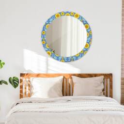 Geometric Sunflowers, Blue, Round Mirror Frame, Glass Wall Art, High Quality Print - thumbnail 3