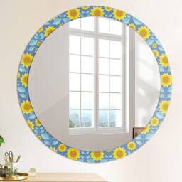 Geometric Sunflowers, Blue, Round Mirror Frame, Glass Wall Art, High Quality Print - thumbnail 4