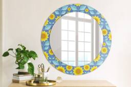 Geometric Sunflowers, Blue, Round Mirror Frame, Glass Wall Art, High Quality Print