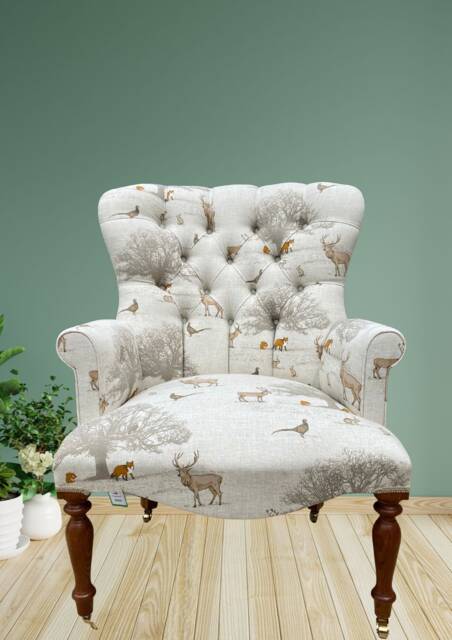 Armchair Chair Seat Cream Natural With Printed Woodland Animal Forest Tree Leaf Design - image 1