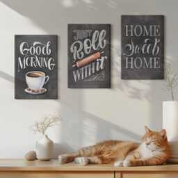 Canvas Set Of 3 Wall Art - Home Kitchen Themes Blackboard Texts, Gray Large, Sentences Decor - thumbnail 3