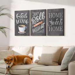 Canvas Set Of 3 Wall Art - Home Kitchen Themes Blackboard Texts, Gray Large, Sentences Decor - thumbnail 1
