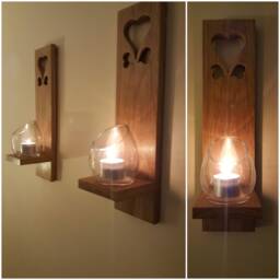 Wooden Candle Sconces . Pair Of Solid Oak Handmade With Heart Cut Out Detail .candles /Glass Not Included - thumbnail 3