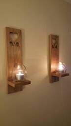 Wooden Candle Sconces . Pair Of Solid Oak Handmade With Heart Cut Out Detail .candles /Glass Not Included