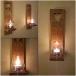 Wooden Candle Sconces . Pair Of Solid Oak Handmade With Heart Cut Out Detail .candles /Glass Not Included - thumbnail 2