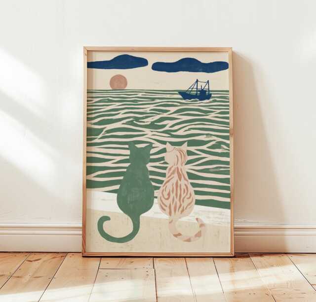 Coastal Cats Poster, Seaside Cat Print, Nautical Wall Art - image 1