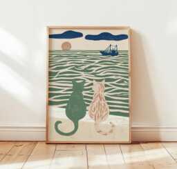 Coastal Cats Poster, Seaside Cat Print, Nautical Wall Art - thumbnail 1