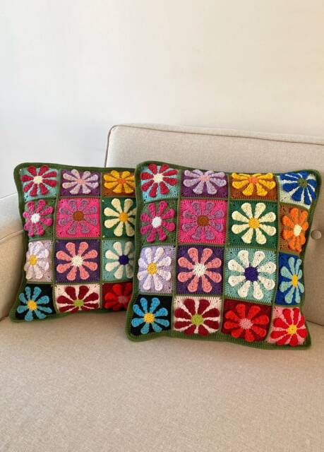 Flower Patchwork Throw Pillowcase, Unique Crochet Cushion Cover, Fun Floral Granny Square Pillowcase, Fun Home Decor, Knit Sofa Pillow Cover - image 1