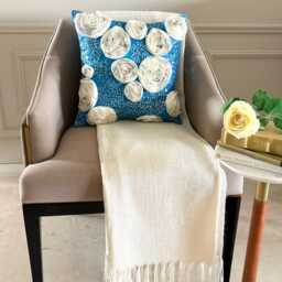 Aqua Blue Art Silk Sequins & Ribbon Embroidered Rose Decorative Throw Pillow Cover, 16x16 Modern Cushion Floral Pillowcase - Eternity - thumbnail 3