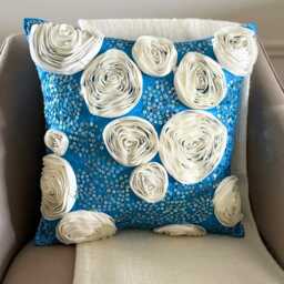 Aqua Blue Art Silk Sequins & Ribbon Embroidered Rose Decorative Throw Pillow Cover, 16x16 Modern Cushion Floral Pillowcase - Eternity - thumbnail 1