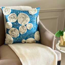 Aqua Blue Art Silk Sequins & Ribbon Embroidered Rose Decorative Throw Pillow Cover, 16x16 Modern Cushion Floral Pillowcase - Eternity - thumbnail 2