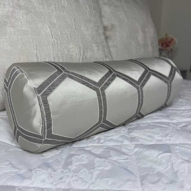 Geometric Silver Bolster Cushion, Luxury Bed Cushion Pillow, Duck Feather, Designerguild Fabric, 16x6 Inch - image 1