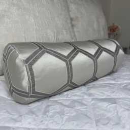 Geometric Silver Bolster Cushion, Luxury Bed Cushion Pillow, Duck Feather, Designerguild Fabric, 16x6 Inch