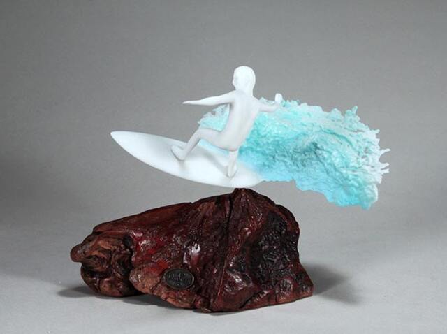 Surfer Sculpture By John Perry Statue On Burlwood 8In Long - image 1