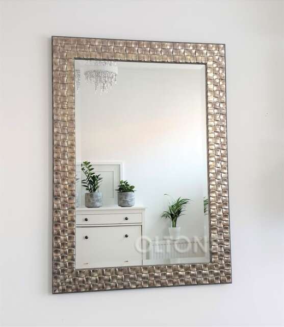 Wall Mirror Wood Square Mosaic Design Frame in Champagne Antique Silver Bevelled Edge 92x66cm - 36x26 Inches - image 1