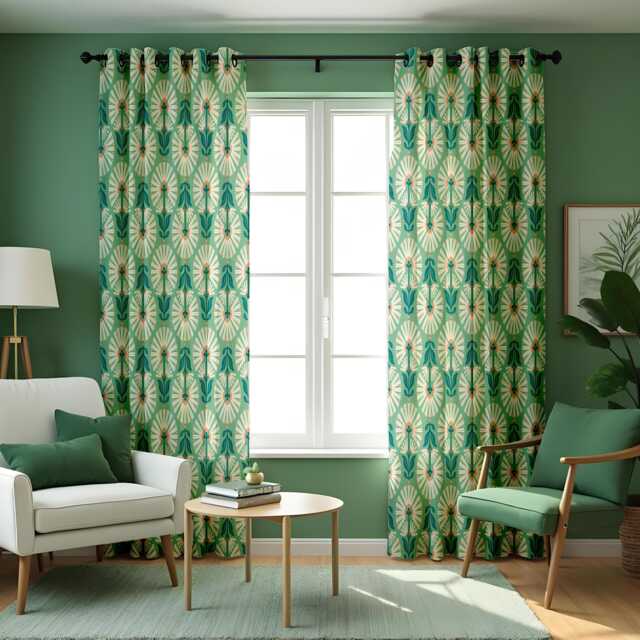 Teal Art Deco Curtains, Retro Geometric Floral Drapes, Mid Century Modern Window Panels, Custom Made Eyelet Or Rod Pocket Curtains - image 1