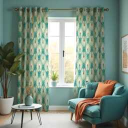 Teal Art Deco Curtains, Retro Geometric Floral Drapes, Mid Century Modern Window Panels, Custom Made Eyelet Or Rod Pocket Curtains - thumbnail 2