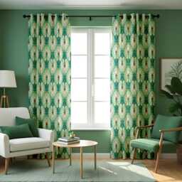 Teal Art Deco Curtains, Retro Geometric Floral Drapes, Mid Century Modern Window Panels, Custom Made Eyelet Or Rod Pocket Curtains