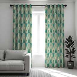 Teal Art Deco Curtains, Retro Geometric Floral Drapes, Mid Century Modern Window Panels, Custom Made Eyelet Or Rod Pocket Curtains - thumbnail 3