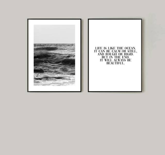 Sea Waves Print Set, Black & White Sea, Ocean Quote, Calming Bathroom Wall Art Calm Print, Bathroom, Wc Print - image 1