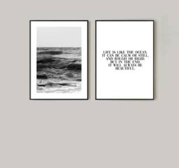 Sea Waves Print Set, Black & White Sea, Ocean Quote, Calming Bathroom Wall Art Calm Print, Bathroom, Wc Print - thumbnail 1