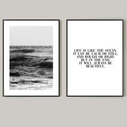 Sea Waves Print Set, Black & White Sea, Ocean Quote, Calming Bathroom Wall Art Calm Print, Bathroom, Wc Print - thumbnail 2