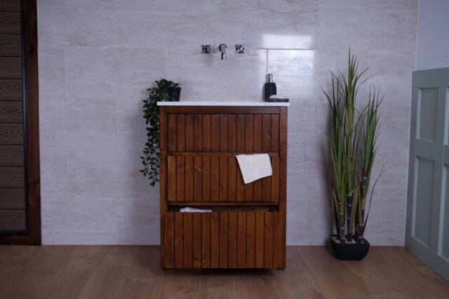Art Deco Artisan Bathroom Vanity Unit - Swedish Pine, Quartz Top, Undermount Basin Walnut Woodstain